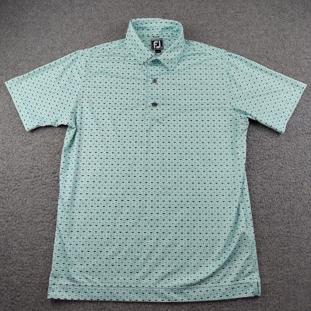 FootJoy FJ Polo Shirt Mens Medium Athletic Fit Teal Geometric Print Performance